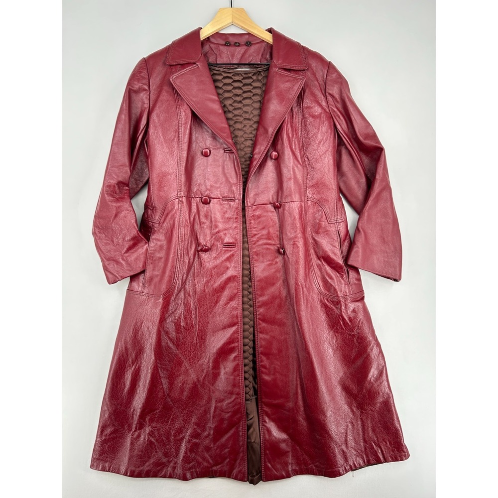 Vintage Sears The Fashion Place Burgundy Leather Trench Coat Long Jacket Red